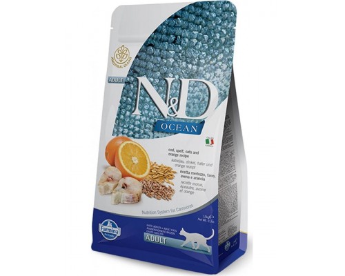 N&D OCEAN Cod, Spelt, Oats & Orange низкозерновой корм, с треской и апельсином (спельта, овес, треска, апельсин