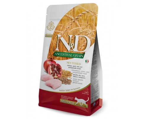 N&D ANCESTRAL GRAIN Chicken & Pomegranate Neutered низкозерновой корм для стерилизованных кошек с курицей и гранатом