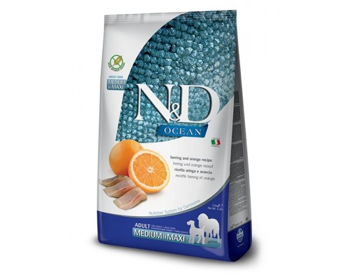 N&D OCEAN Herring & Orange Adult Medium & Maxi беззерновой корм для собак средних и крупных пород с сельдью и апельсином