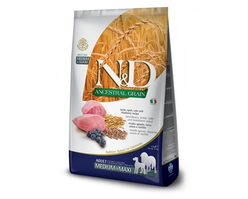 N&D ANCESTRAL GRAIN Lamb & Blueberry Adult medium & maxi низкозерновой корм для собак средних и крупных пород,  со спельтой, овсом, ягненком и черникой