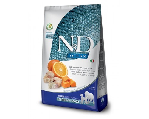 N&D OCEAN Cod, Pumpkin & Orange Adult Medium & Maxi беззерновой корм для собак средних и крупных пород треска, апельсин, тыква