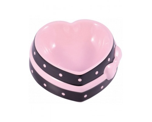 Миска керамическая для собак и кошек Сердечко коричневая с розовым бантом