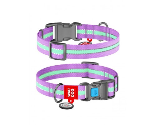 Ошейник WAUDOG Nylon с QR паспортом, светонакопительный (светится в темноте), пластиковая пряжка-фастекс, фиолетовый
