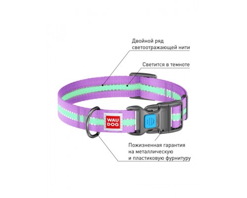 Ошейник WAUDOG Nylon с QR паспортом, светонакопительный (светится в темноте), пластиковая пряжка-фастекс, фиолетовый