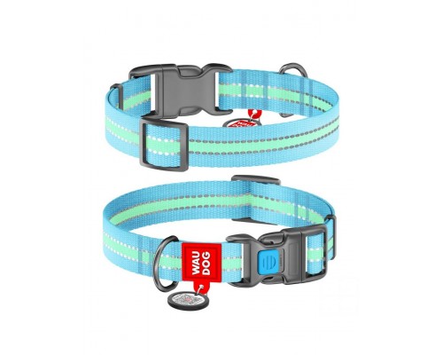 Ошейник WAUDOG Nylon с QR паспортом, светонакопительный (светится в темноте), пластиковая пряжка-фастекс, голубой