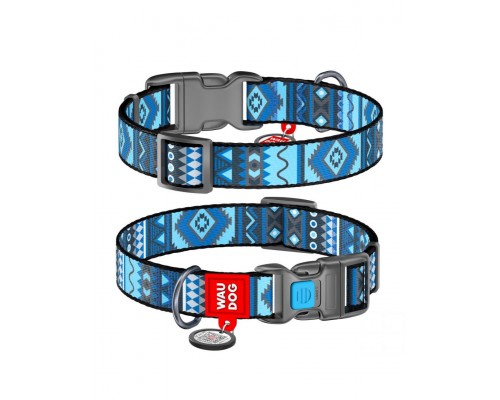 Ошейник WAUDOG Nylon c QR паспортом, рисунок "Этно синий", пластиковый фастекс