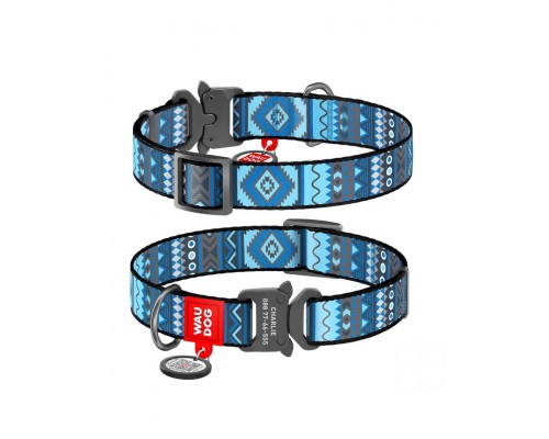 Ошейник WAUDOG Nylon c QR паспортом, рисунок "Этно синий", металлическая пряжка-фастекс с площадкой для гравировки