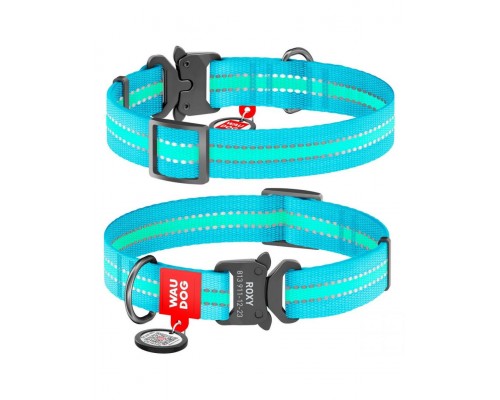 Ошейник WAUDOG Nylon с QR паспортом, светонакопительный (светится в темноте), металлическая пряжка-фастекс, голубой