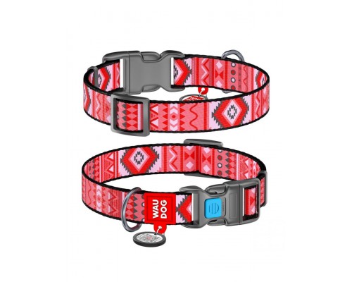 Ошейник WAUDOG Nylon c QR паспортом, рисунок "Этно красный", пластиковый фастекс