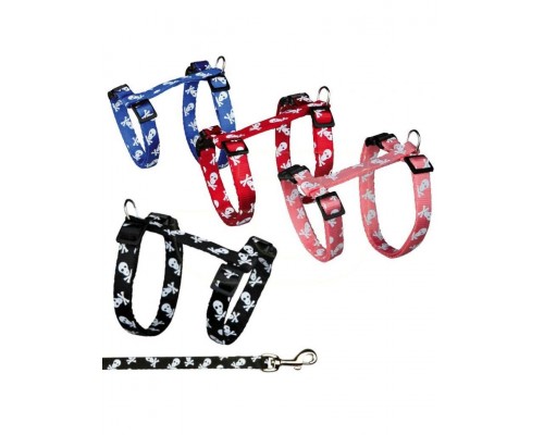 Шлейка с поводком для кошки, Нейлон, "Черепа и кости"