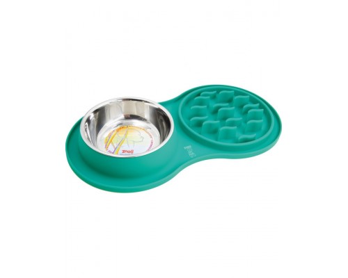 Миска силиконовая двойная, игровая для медленного поедания, с металлической чашей (бирюзовая)