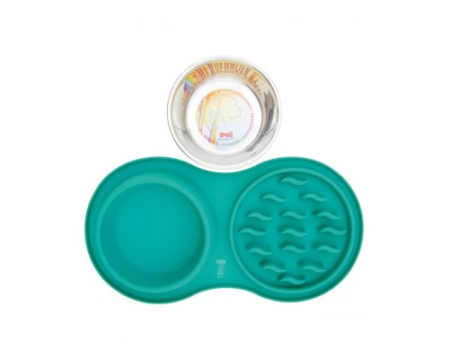 Миска силиконовая двойная, игровая для медленного поедания, с металлической чашей (бирюзовая)