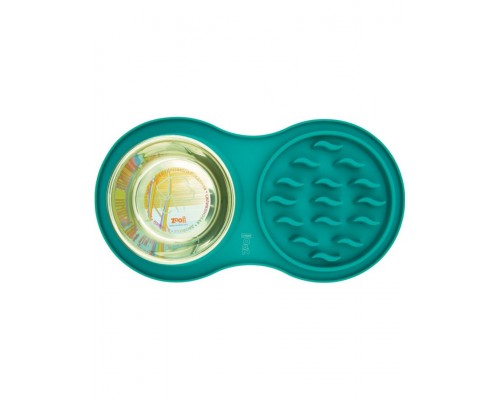 Миска силиконовая двойная, игровая для медленного поедания, с металлической чашей (бирюзовая)
