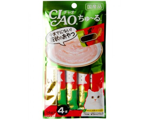 Лакомство для кошек Inaba Ciao Churu Куриное филе с кальмаром, пюре