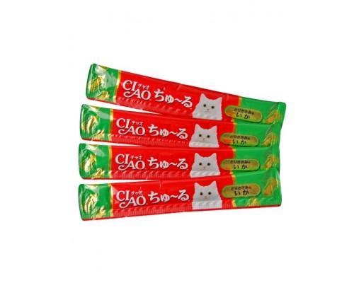 Лакомство для кошек Inaba Ciao Churu Куриное филе с кальмаром, пюре