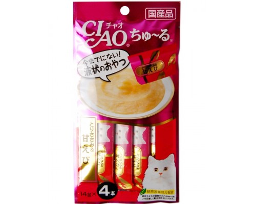 Лакомство для кошек Inaba Ciao Churu Куриное филе с креветкой, пюре