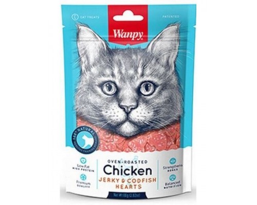Лакомство Wanpy Cat «сердечки» из курицы с треской, для кошек