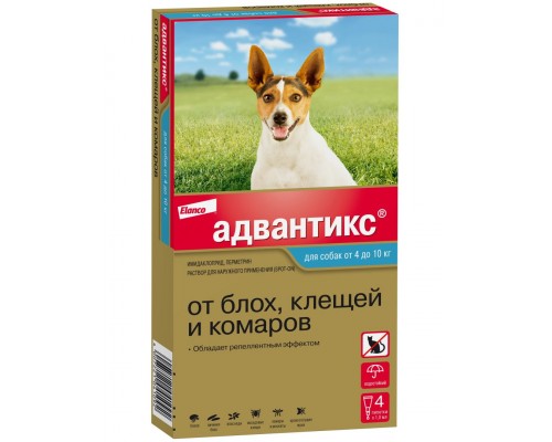 Капли на холку Адвантикс® от клещей, блох и комаров для собак от 4 до 10 кг