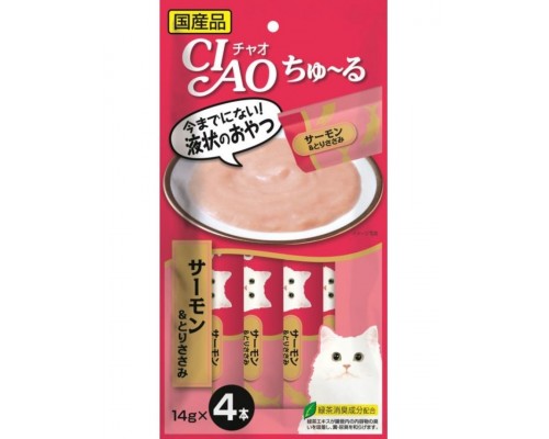 Лакомство для кошек Inaba Ciao Churu Лосось с куриным филе, пюре