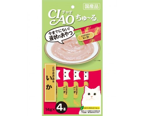 Лакомство для кошек Inaba Ciao Churu Куриное филе с кальмаром, пюре