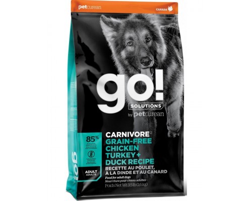 Беззерновой для взрослых собак всех пород 4 вида мяса: курица, индейка, утка, лосось Go! Solutions Dogs Carnivore Grain-Free Chicken Trurkey + Duck Recipe