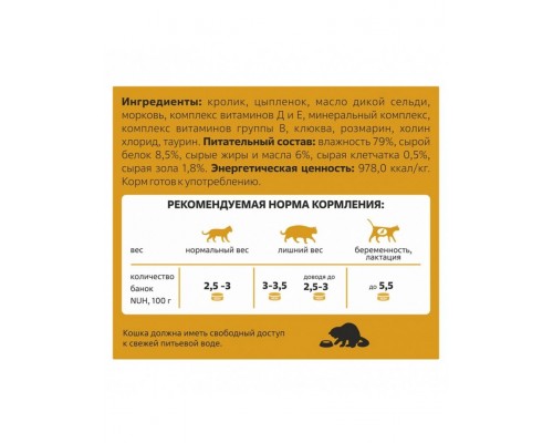 Беззерновой влажный корм для взрослых кошек, Кролик и цыплёнок