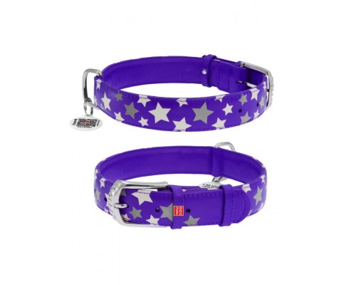 Ошейник для собак кожаный WAUDOG Glamour "Звёздочка" светящийся/светоотражающий, фиолетовый