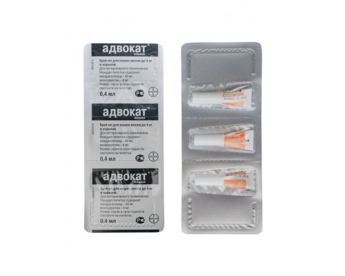 Капли на холку Адвокат® от чесоточных клещей, блох и глистов для кошек и хорьков до 4кг